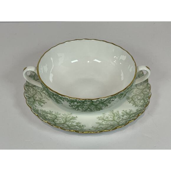 Spode Green Coral Cream Soup Bowl & Saucer Set Gold Trim EUC Rare Vintage - Picture 5 of 12